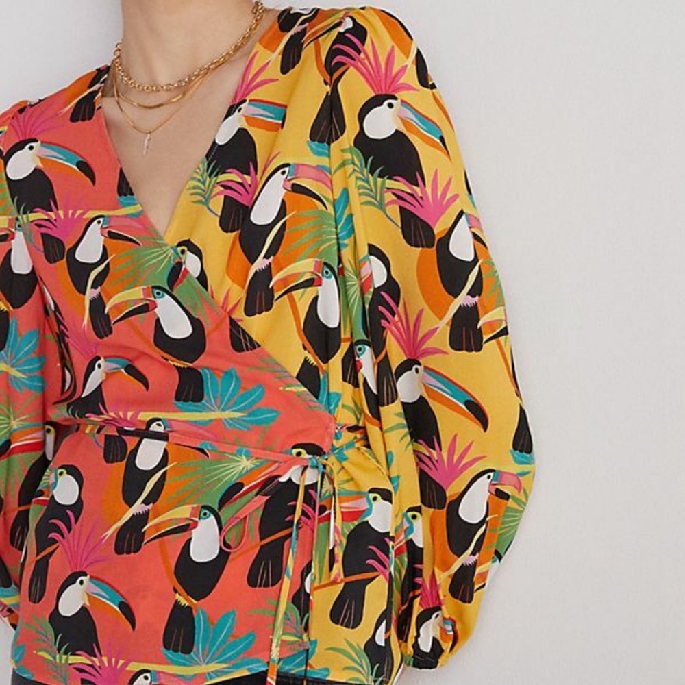 Anthropologie Farm Rio Rainforest Wrap Toucans Tropical Blouse Small